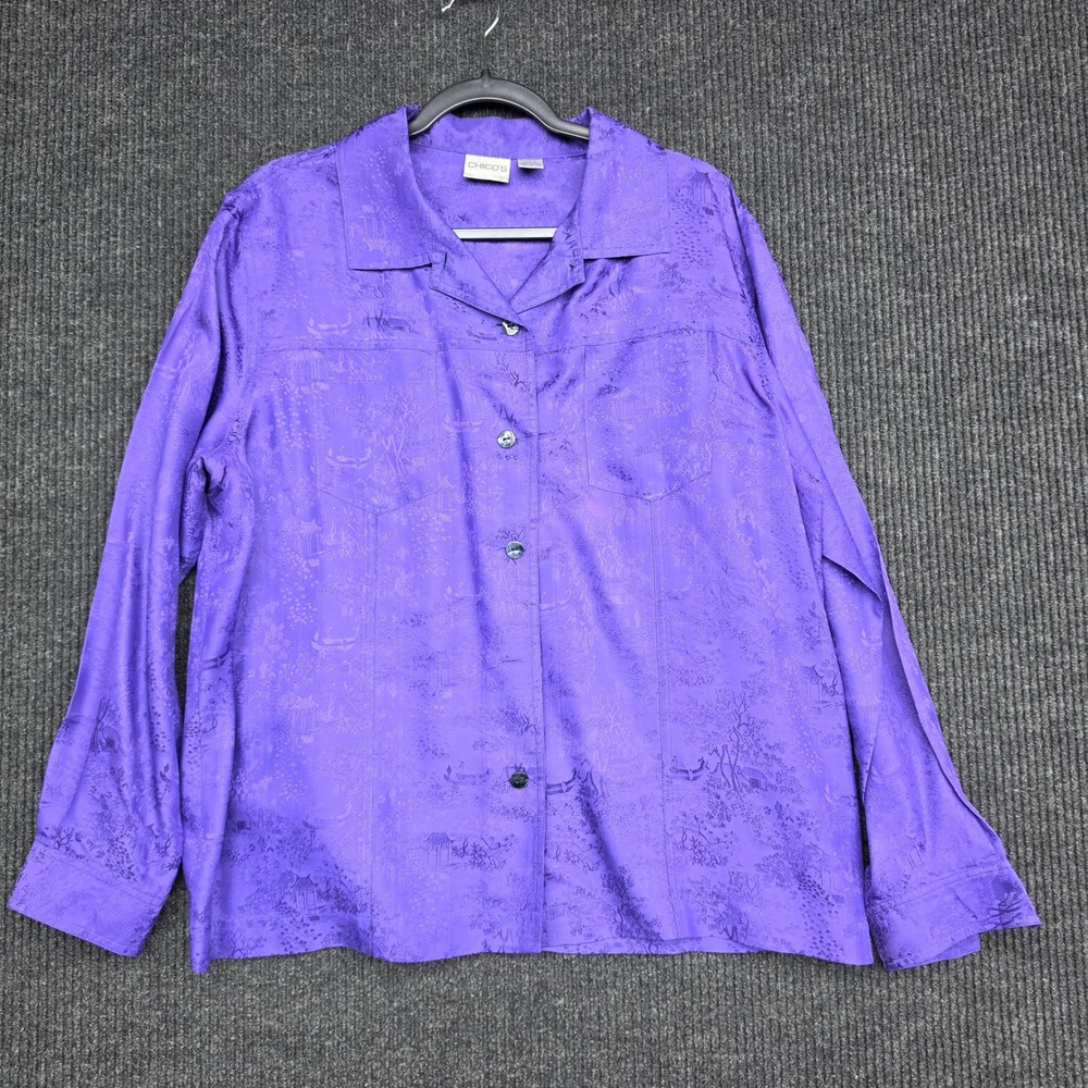 Chico's Purple Silk Blend Jacquard Scenic Pagoda Button Down Shirt Size 3 XL